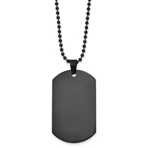 Blank black IP plated stainless steel dog tag with a polished finish on a beaded chain