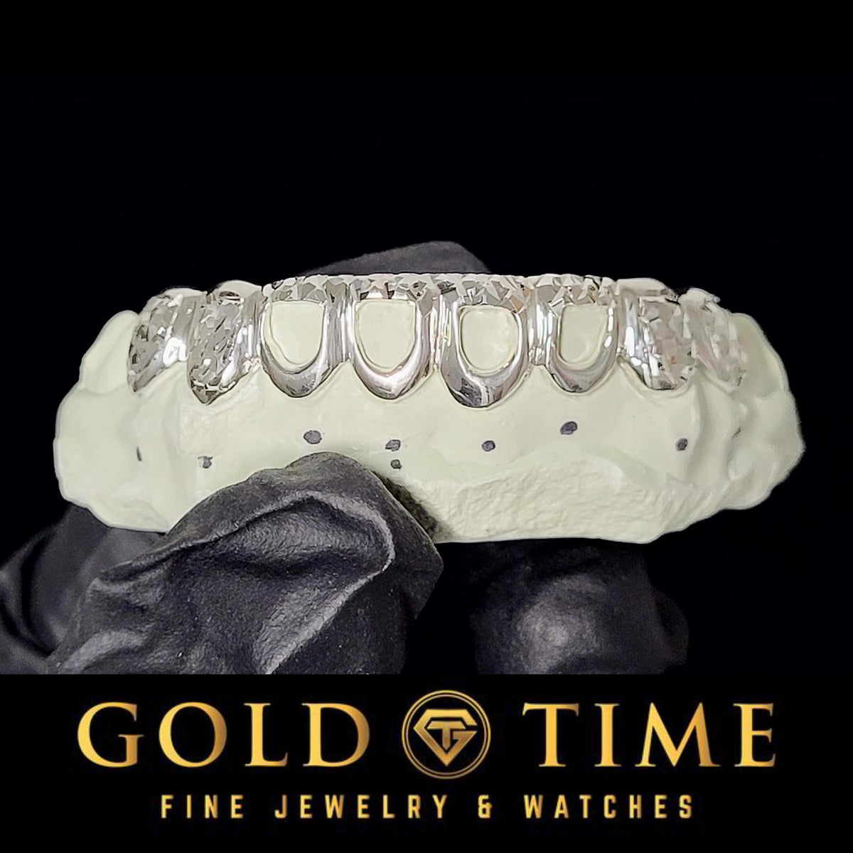 8-Piece Custom Grillz with Open Face Trillion Tips - Trillion Cut Box Edges - Gold or Silver - Includes Mold Kit - Handmade to Order