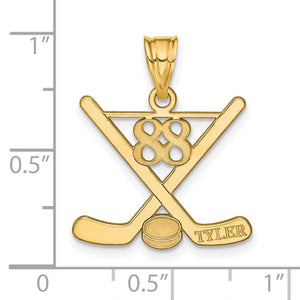 Size chart showing the hockey pendant beside a ruler, about three quarters of an inch tall