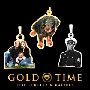 Custom photo pendants cut to shape, showing a family photo, a dog and a man in uniform