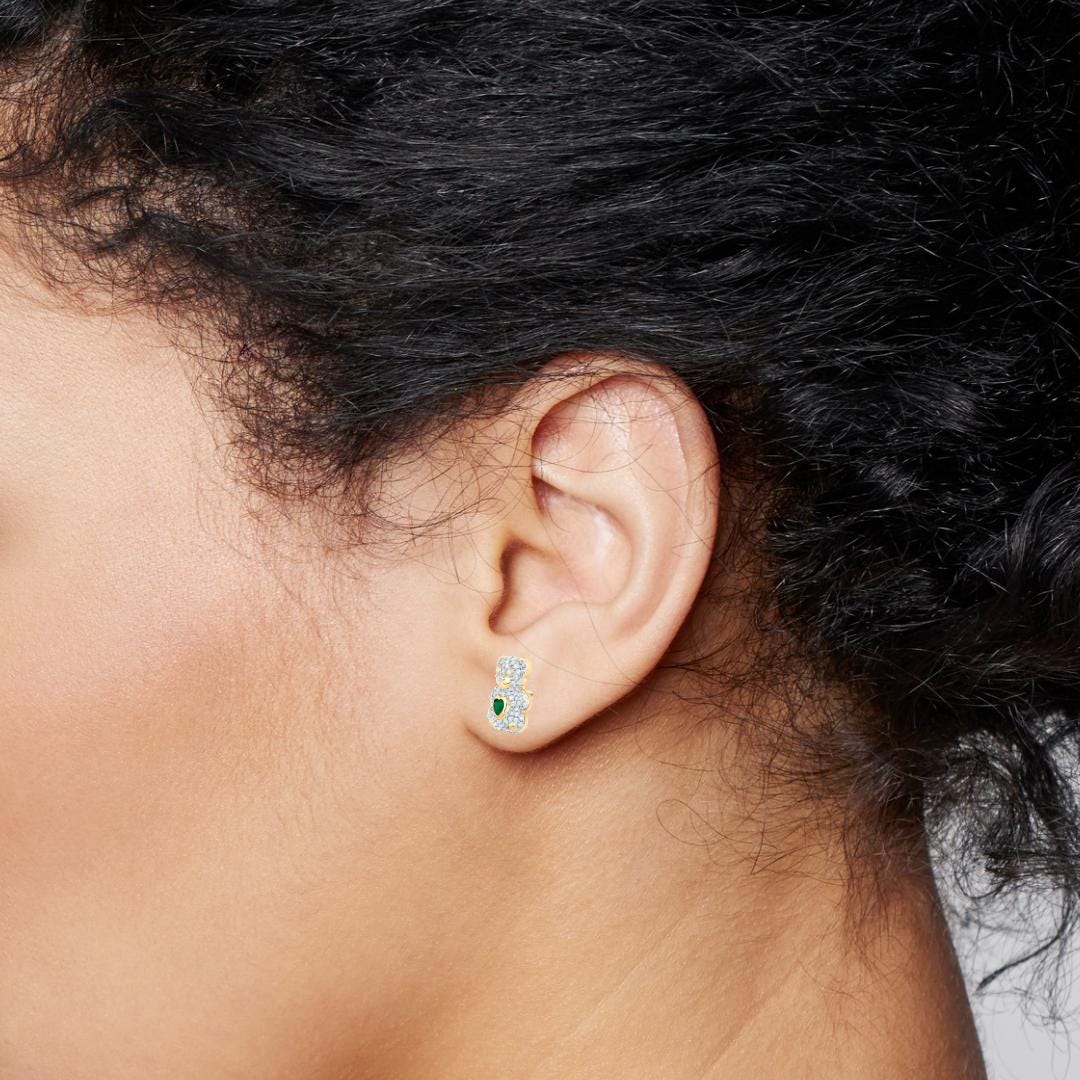 10k Gold Diamond and Emerald Bear Jewelry Set  Pendant, Earrings & Ring with Heart-Shaped Emerald Accents, Available Separately or Set