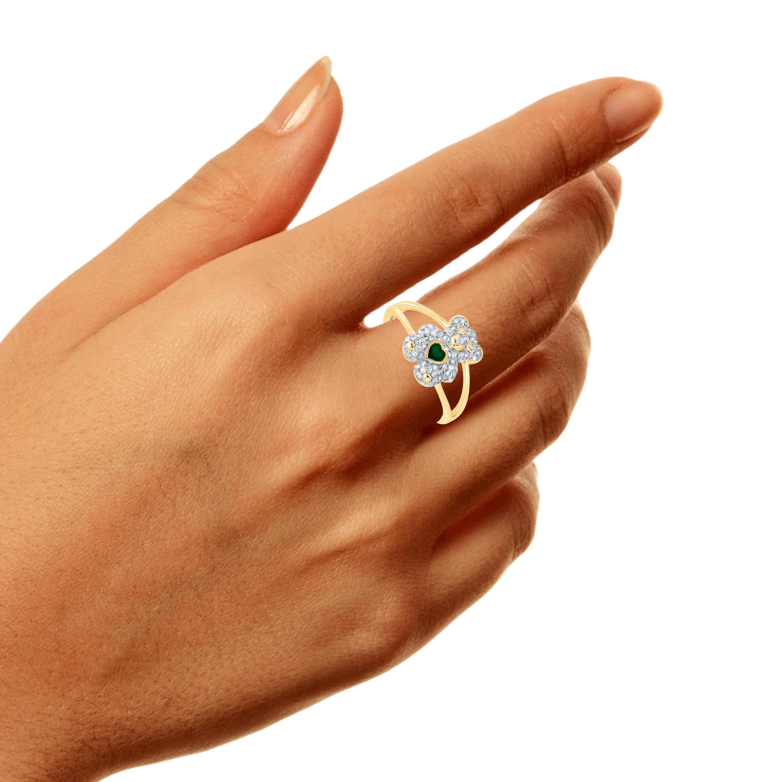 10k Gold Diamond and Emerald Bear Jewelry Set  Pendant, Earrings & Ring with Heart-Shaped Emerald Accents, Available Separately or Set