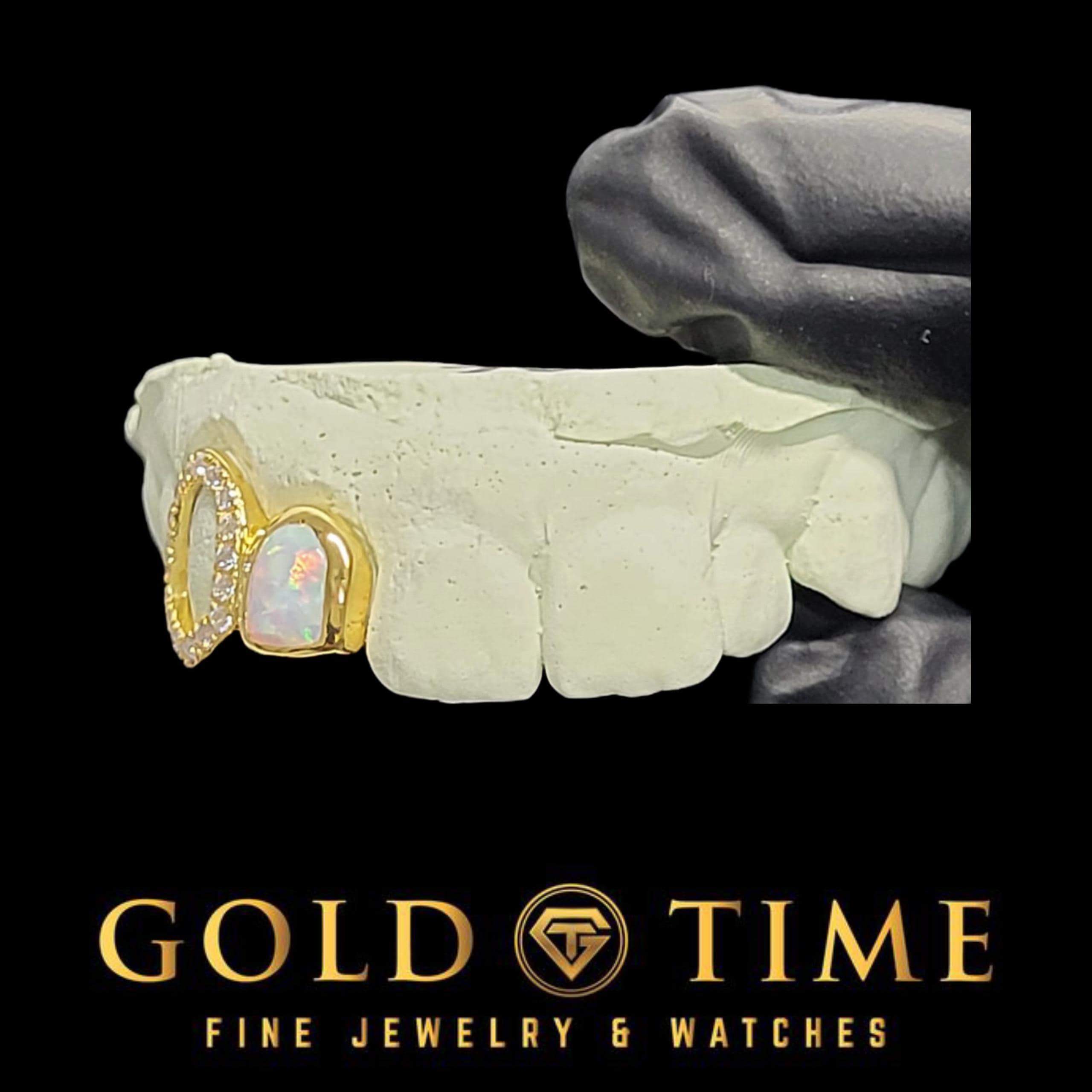 Custom Double Cap Grillz: Opal Incisor & Open Face Moissanite Fang, Silver/Gold
