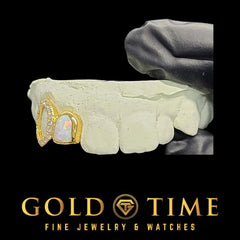 Custom Double Cap Grillz: Opal Incisor & Open Face Moissanite Fang, Silver/Gold