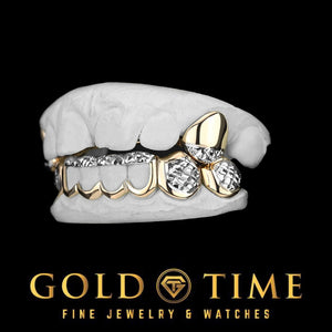 Side view of two-tone 10 piece grillz showing diamond-cut trillion tips and open windows