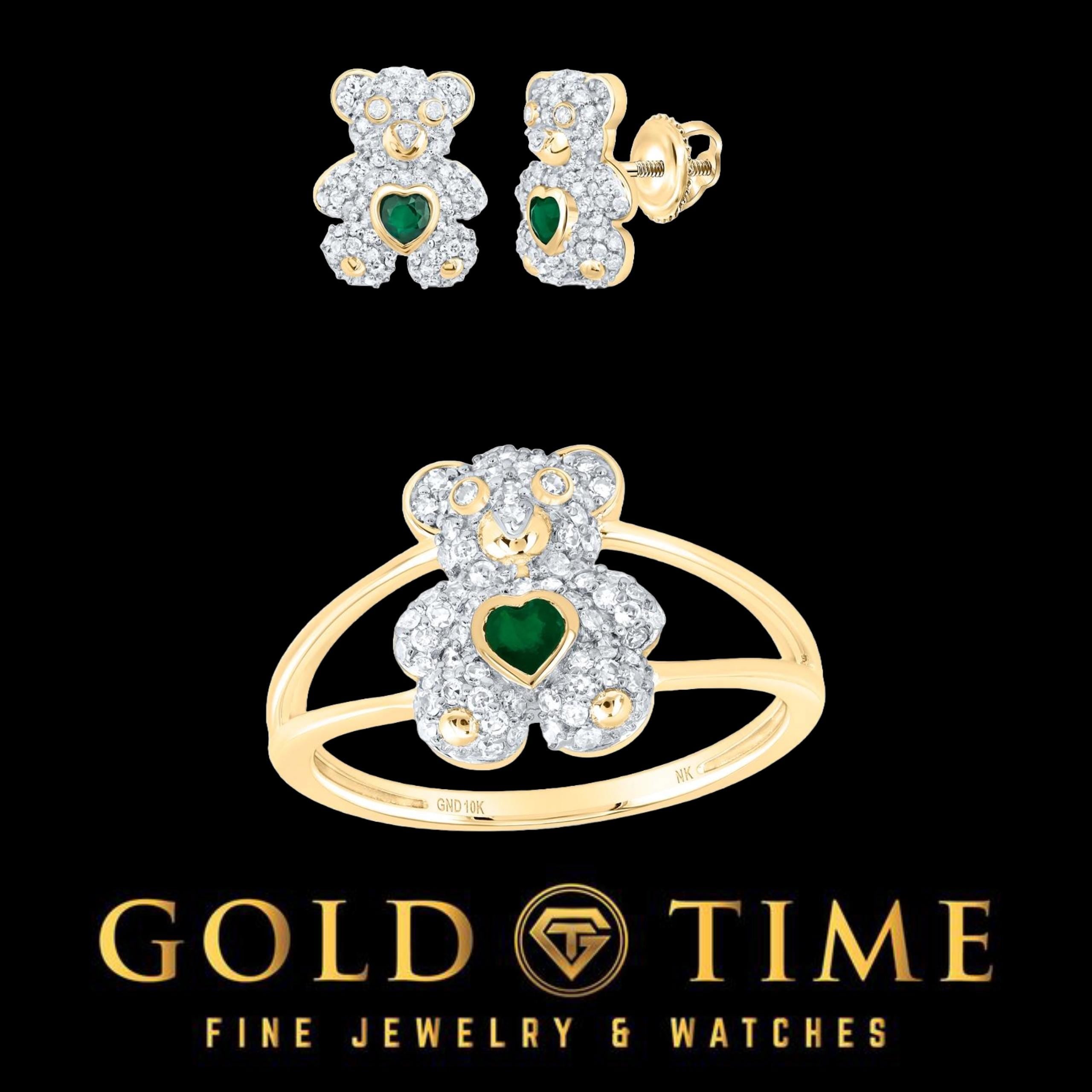 10k Gold Diamond and Emerald Bear Jewelry Set  Pendant, Earrings & Ring with Heart-Shaped Emerald Accents, Available Separately or Set