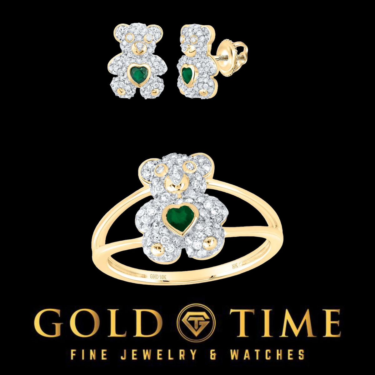 10k Gold Diamond and Emerald Bear Jewelry Set  Pendant, Earrings & Ring with Heart-Shaped Emerald Accents, Available Separately or Set