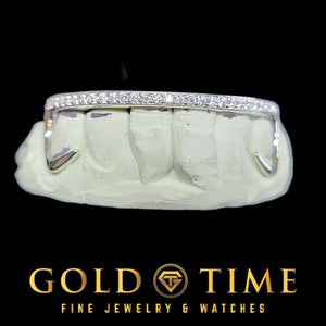 White gold open face hooks grillz on a bottom dental mold with a moissanite row across the tips