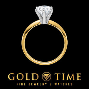Front view of the yellow gold oval moissanite solitaire showing the six-prong head