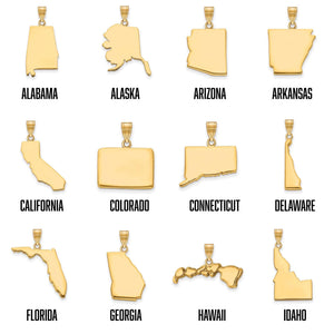 Yellow gold state pendants for Alabama through Idaho shown side by side with state names labeled