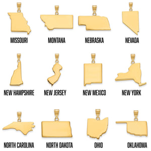 Yellow gold state pendants for Missouri through Oklahoma shown side by side with state names labeled