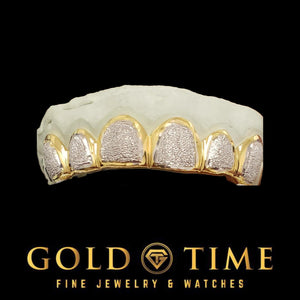 6 piece two-tone grillz on a mold with yellow gold box frames and white diamond dust faces, Gold Time logo