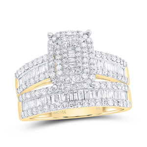 Women's bridal set from the trio: cushion shape halo engagement ring with baguette diamonds and matching diamond band in 14k gold