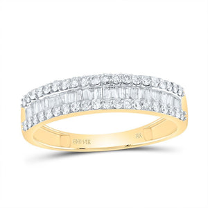 Men's 14k yellow gold wedding band with a row of baguette diamonds between two rows of round diamonds