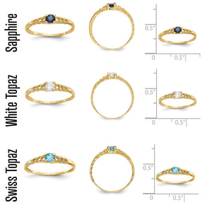 Size and stone reference showing the children's ring in sapphire, white topaz and Swiss blue topaz with measurements