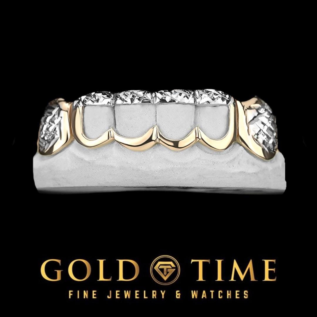 Two-Tone 6 Piece Custom Grillz with Trillion Box Canines and Window Tips - Gold or Silver - Includes Mold Kit - Made to Order - Gold Time