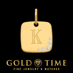 Yellow gold cushion letter charm with an engraved K and five small natural diamonds