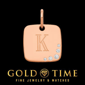 Rose tone cushion letter charm with an engraved initial and scattered diamond accents