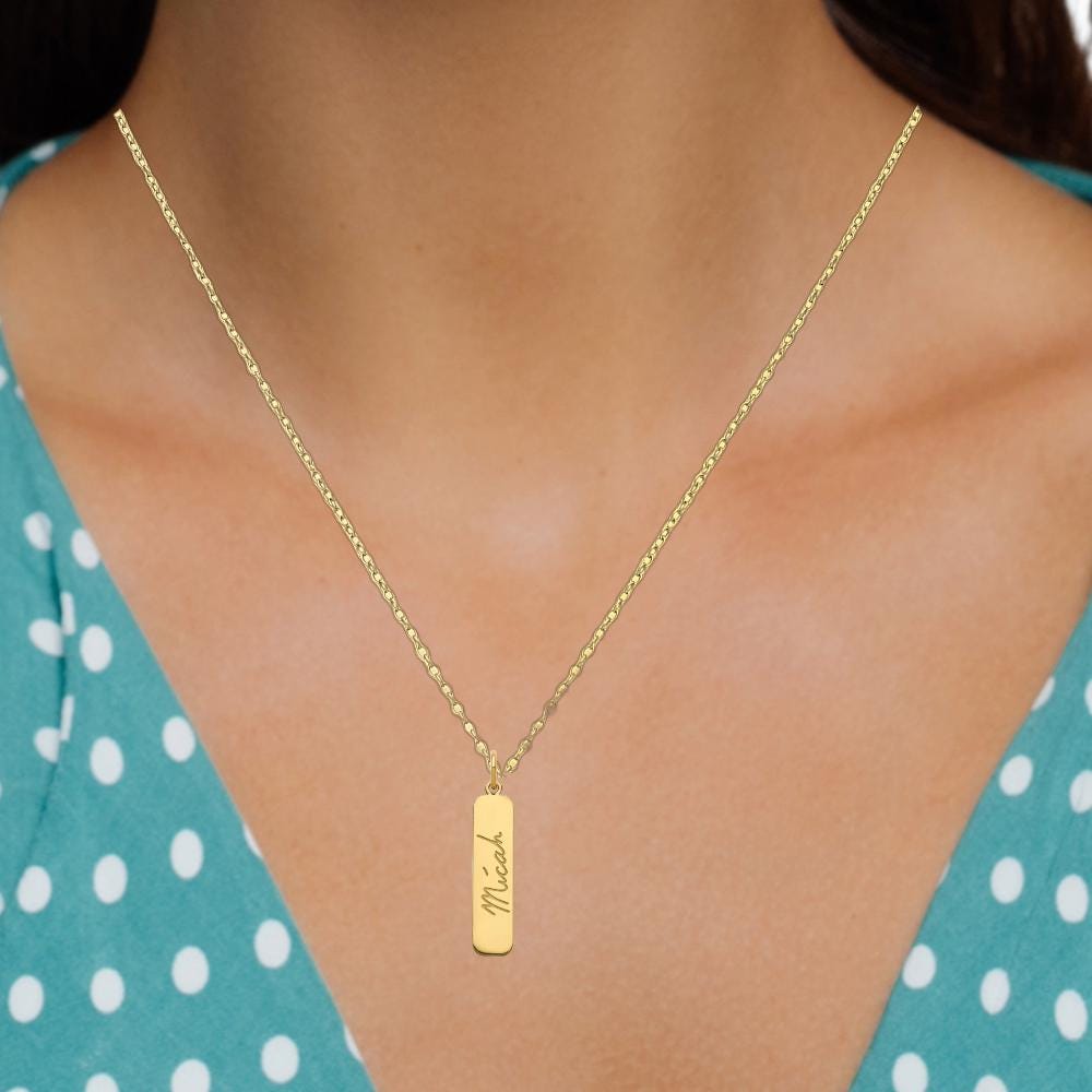 Custom Handwriting Bar Pendant Necklace: Engraved Signature Charm, Sterling Silver or Gold