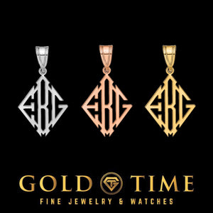 Three diamond shaped monogram pendants in silver, rose gold and yellow gold on black with the Gold Time logo
