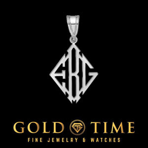 Silver diamond shaped monogram pendant with three cut out initials on a black background