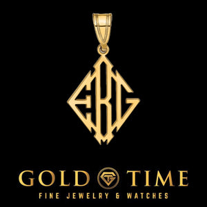 Yellow gold diamond shaped monogram pendant with three cut out initials on a black background