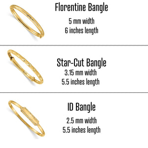 Baby bangle size chart: Florentine 5mm by 6 inches, star-cut 3.15mm by 5.5 inches, ID bangle 2.5mm by 5.5 inches