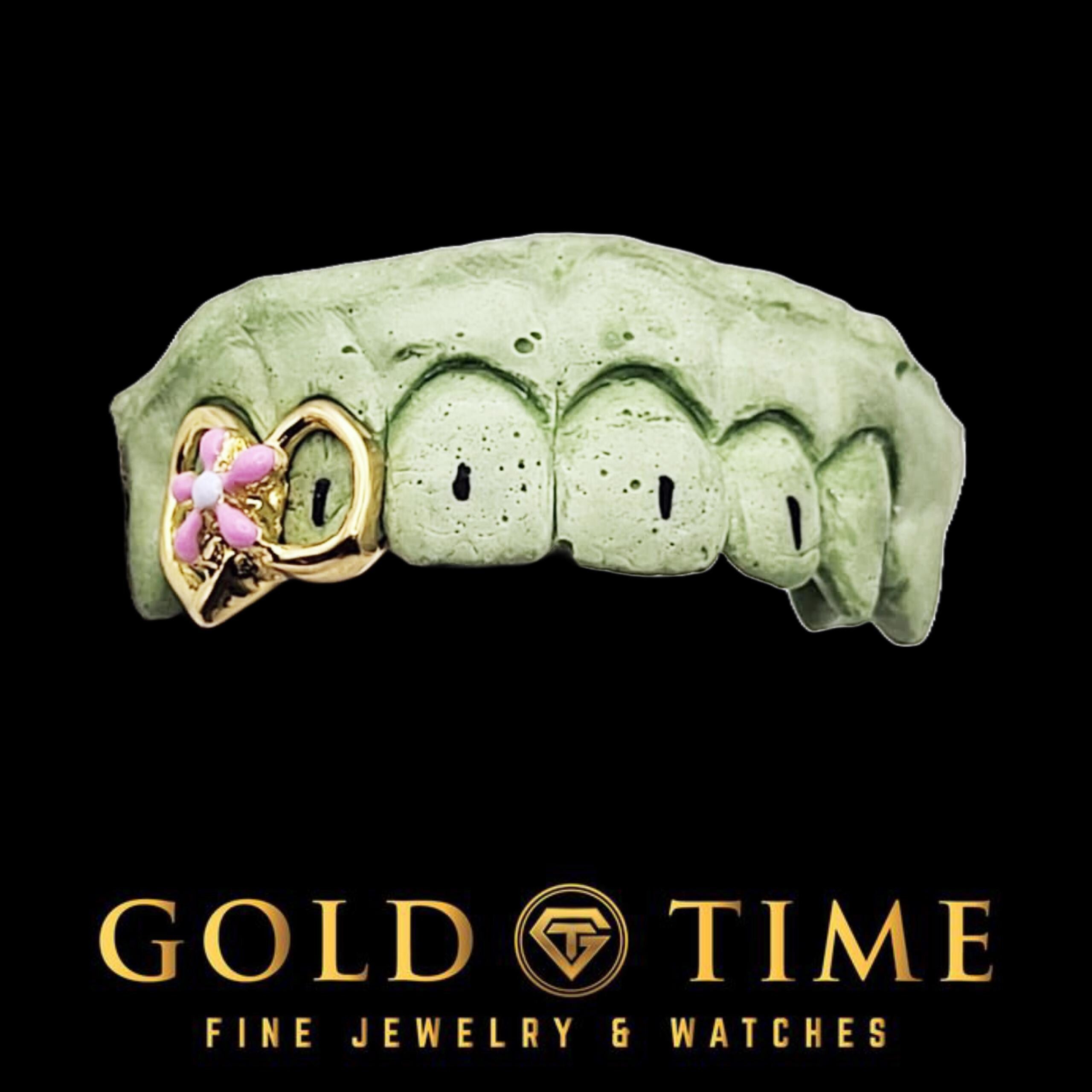 Custom Flower Open Face Grillz  Double Cap Fang & Gap Design  Enamel Detail  10k 14k Gold or Silver  Includes Impression Kit