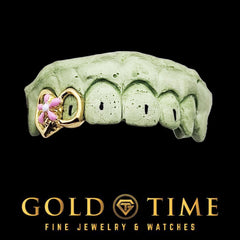 Custom Flower Open Face Grillz  Double Cap Fang & Gap Design  Enamel Detail  10k 14k Gold or Silver  Includes Impression Kit