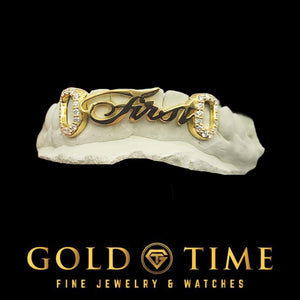 Personalized cursive name grillz with moissanite open face canines
