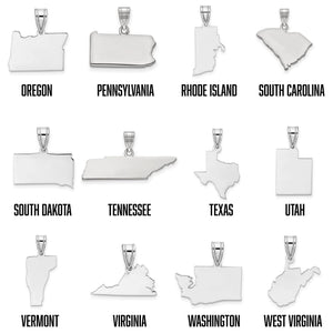Silver state pendants for Oregon through West Virginia shown side by side with state names labeled