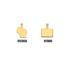 Yellow gold Wisconsin and Wyoming state pendants shown side by side with state names labeled