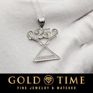 Sterling silver lacrosse pendant with number 25 on a chain