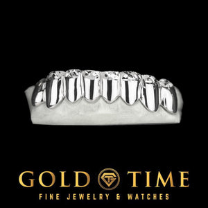 Silver custom 8 piece lower grillz with trillion diamond cuts and diamond dust tips on a dental mold, Gold Time