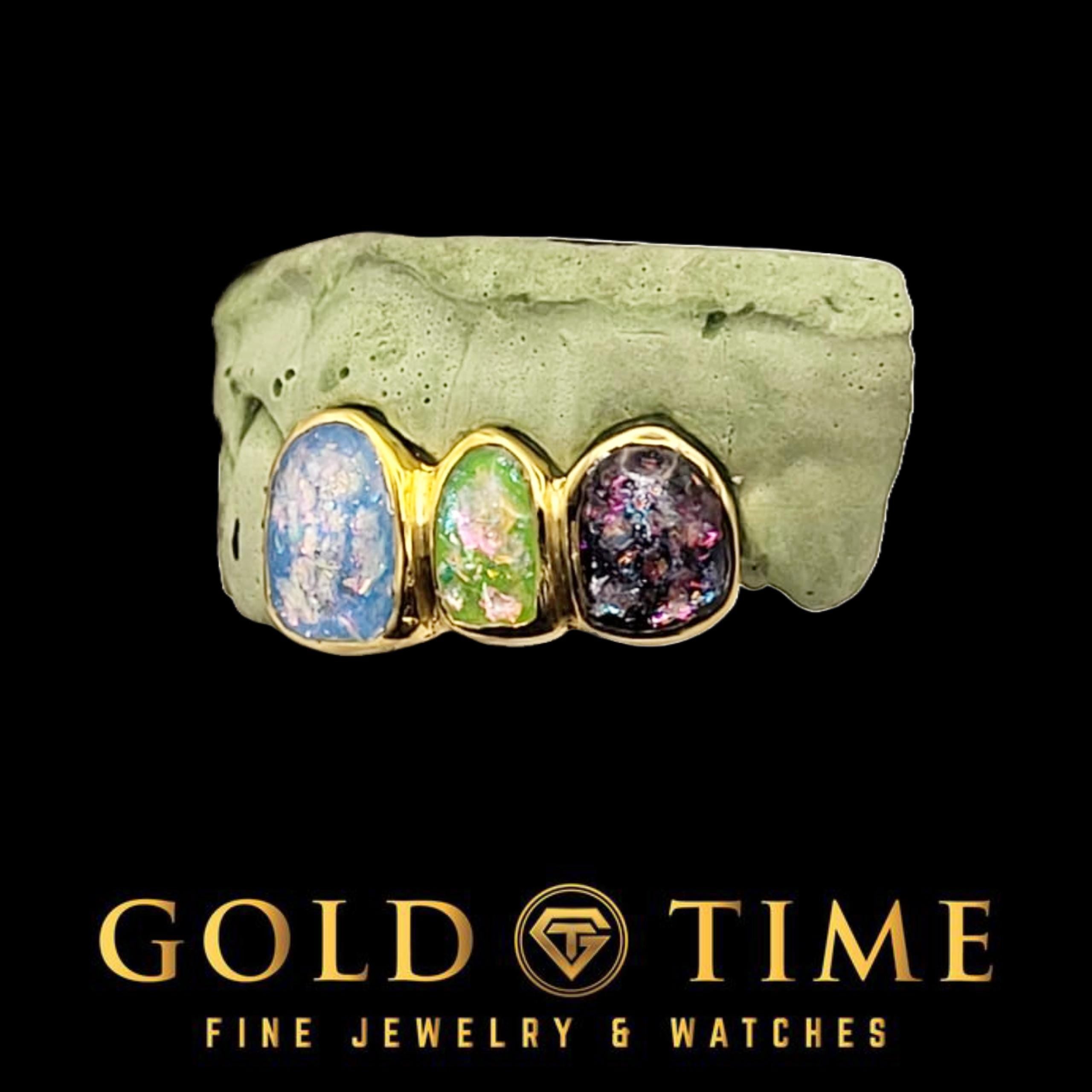 Custom 3-Piece Grillz with Galaxy Enamel  Blue, Green & Black or Custom Colors  Handmade in Gold or Silver  Includes Impression Kit