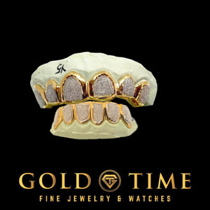 Front view of the two-tone diamond dust box grillz set showing the gold outline and frosted centers