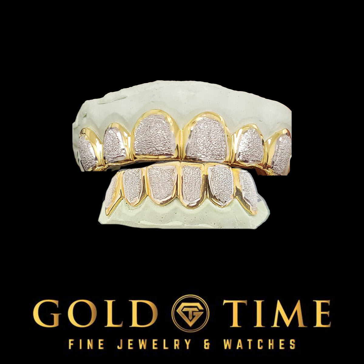 12 Piece Custom Two-Tone Diamond Dust Box Grillz Set  Yellow & White Gold or Silver  Handmade Grillz with Kit by Gold Time