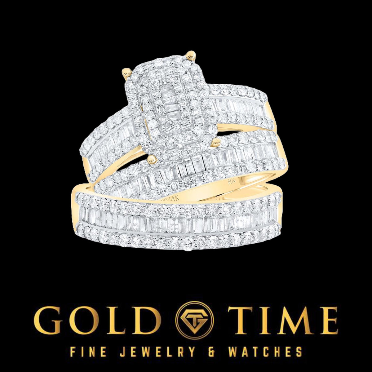 14k Yellow Gold and Diamond Cushion Trio Wedding Set for Men and Women