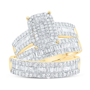 Full cushion trio wedding set in 14k yellow gold showing the bridal ring, women's band, and men's band together