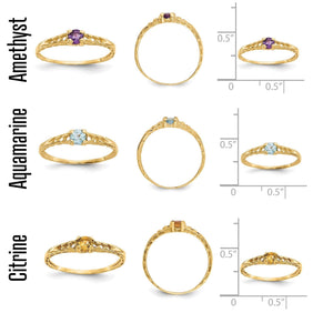 Size and stone reference showing the children's ring in amethyst, aquamarine and citrine with measurements