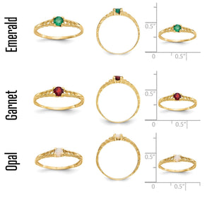 Size and stone reference showing the children's ring in emerald, garnet and opal with measurements