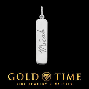 Sterling silver vertical bar pendant engraved with the cursive name Micah