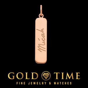 Rose gold vertical bar pendant engraved with the cursive name Micah