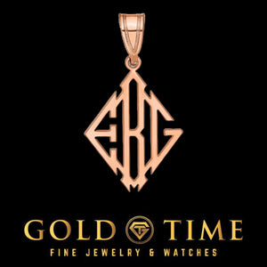 Rose gold diamond shaped monogram pendant with three cut out initials on a black background