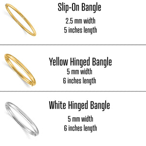 Baby bangle size chart: slip-on 2.5mm by 5 inches, yellow hinged 5mm by 6 inches, white hinged 5mm by 6 inches