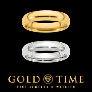 10k and 14k gold 5mm comfort fit wedding bands in yellow and white gold on a black background with Gold Time branding