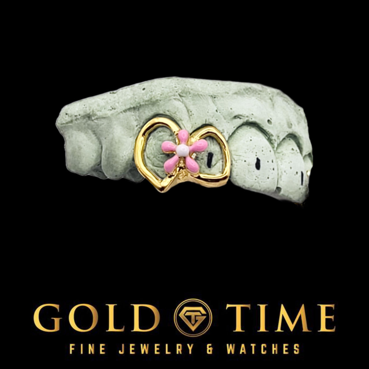 Custom Flower Open Face Grillz  Double Cap Fang & Gap Design  Enamel Detail  10k 14k Gold or Silver  Includes Impression Kit