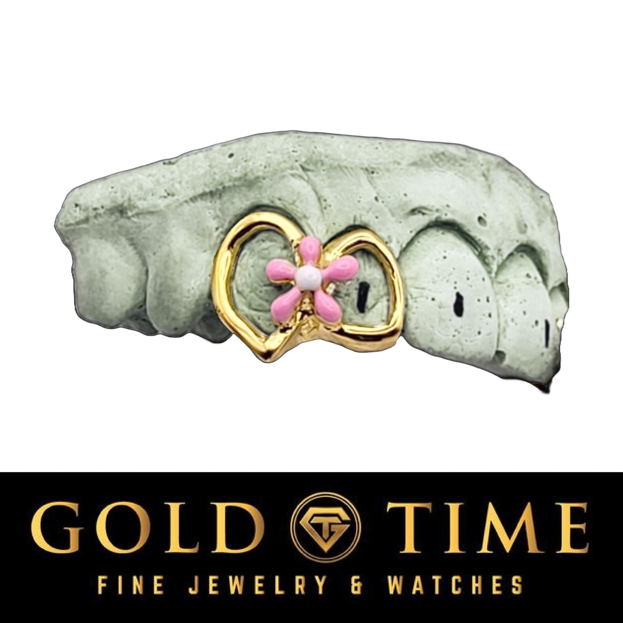 Custom Flower Open Face Grillz  Double Cap Fang & Gap Design  Enamel Detail  10k 14k Gold or Silver  Includes Impression Kit