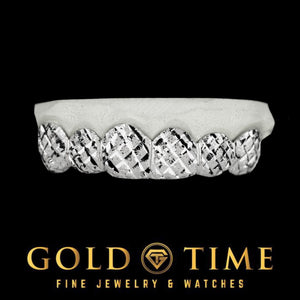 Silver 6 piece grillz with trillion cuts and diamond dust finish on a dental model with the Gold Time logo