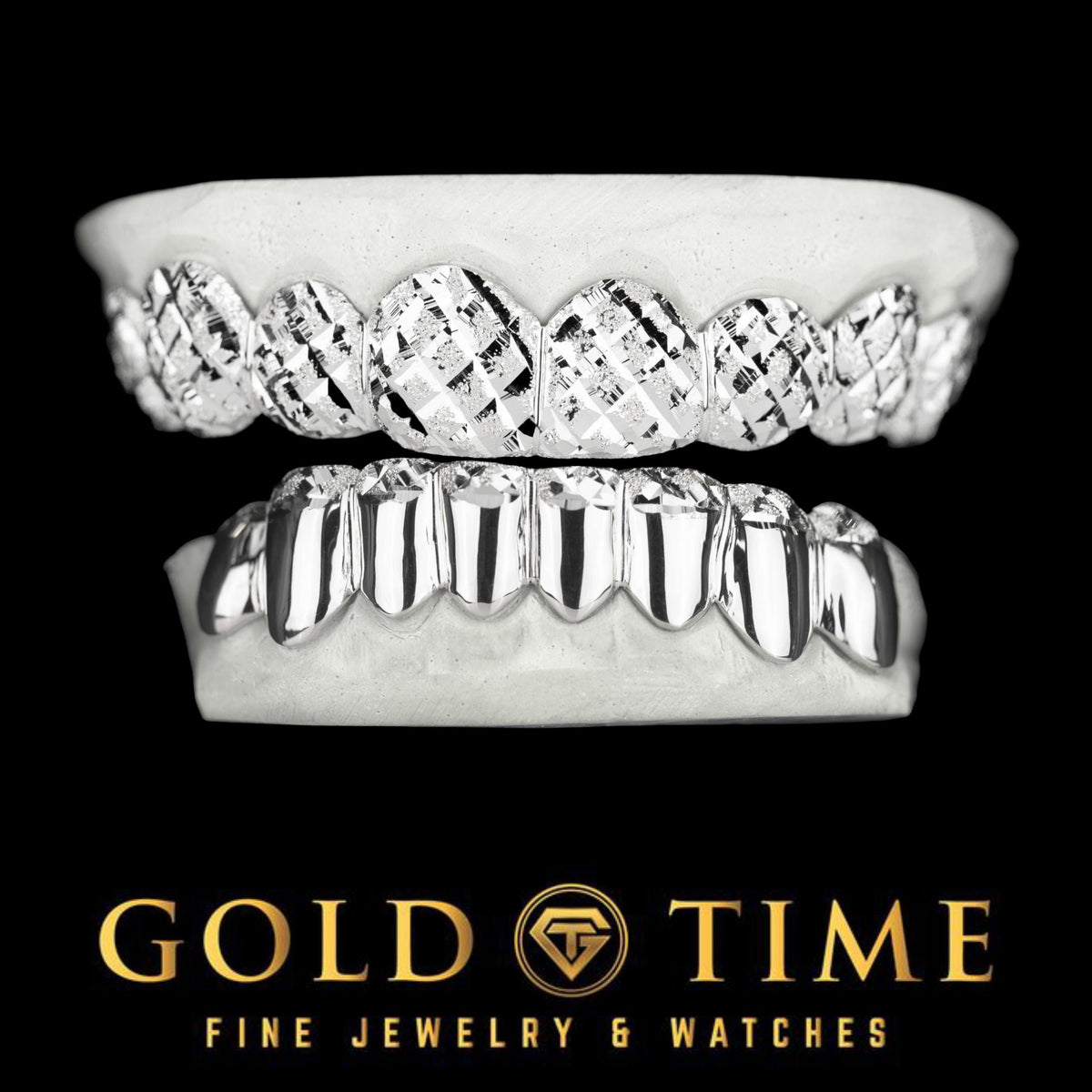 16-Piece Custom Grillz Set  Trillion Diamond-Cut & Dust Tips  Top and Bottom  Solid Gold or Silver  Includes Impression Kit